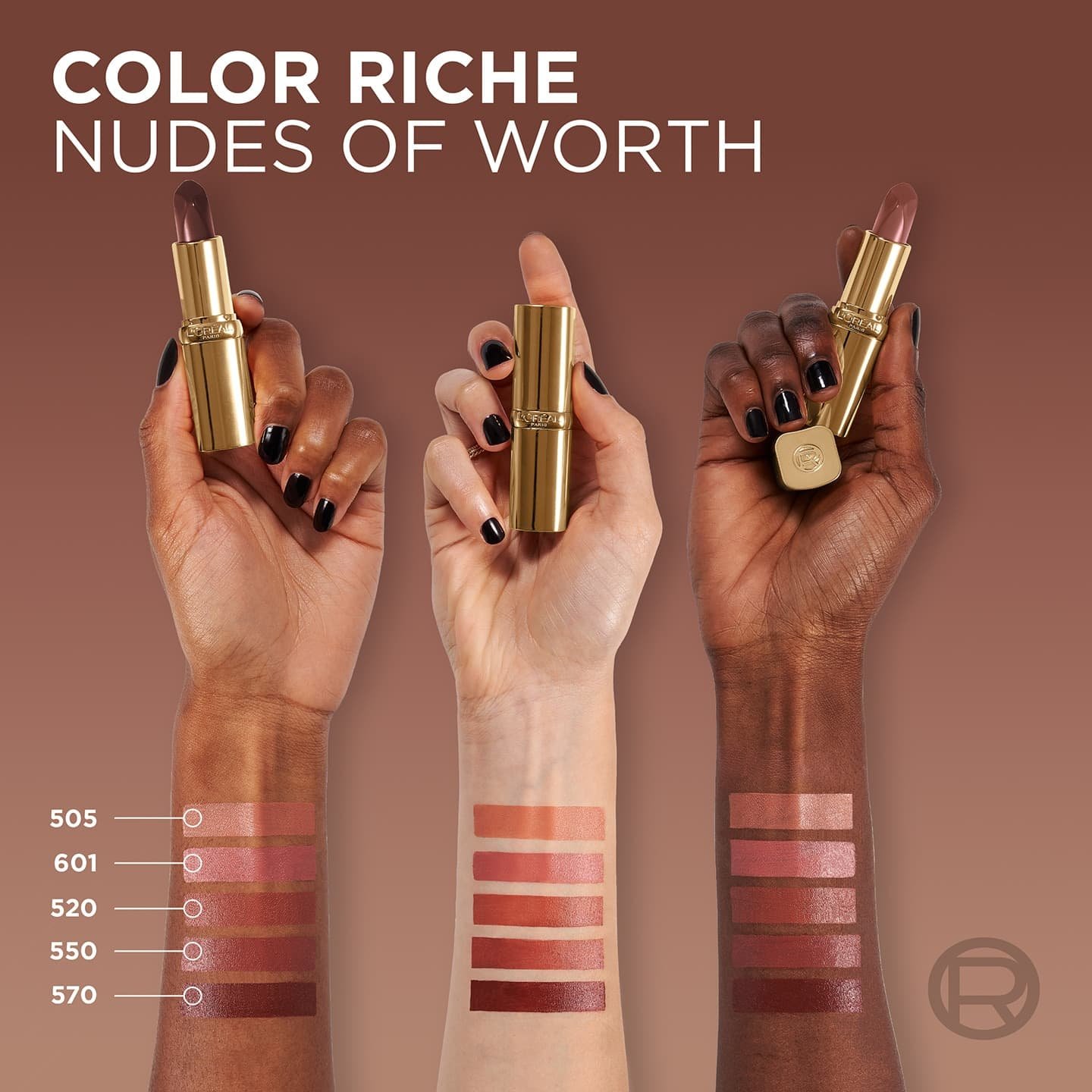 Color Riche Nudes of Worth - drei Unterarme zeigen eine Vorschau der Nuancen
